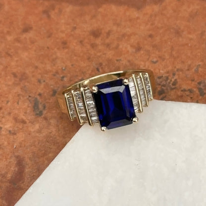 Estate 10KT Yellow Gold Emerald-Cut Lab Blue Sapphire + Diamond Ring