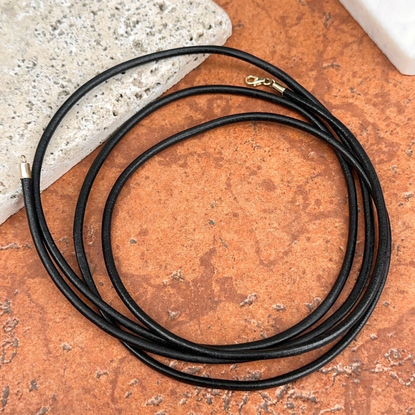 14KT Yellow Gold Black Leather Cord Wrap 3-Strand Necklace Long Length - LSJ