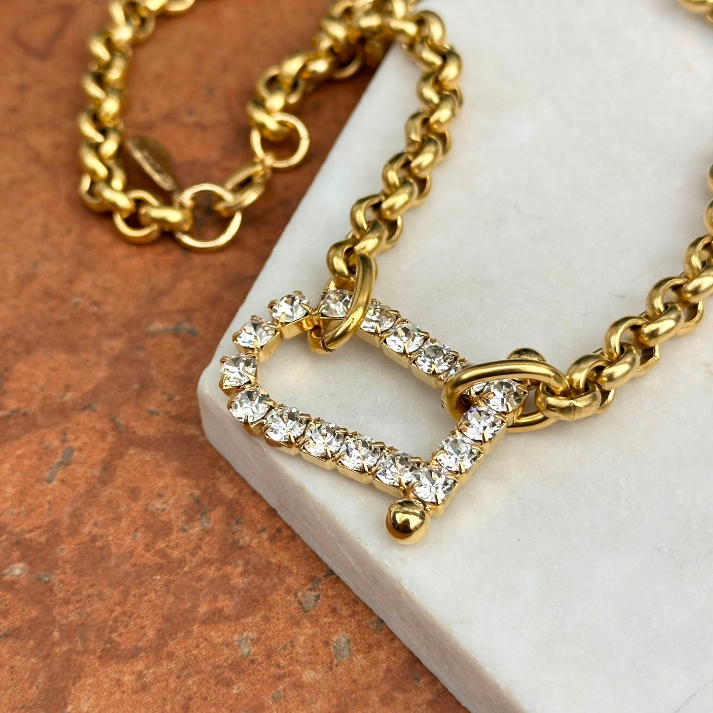 Yellow Gold-Plated Brass Crystal Horseshoe Sideways Pendant Necklace