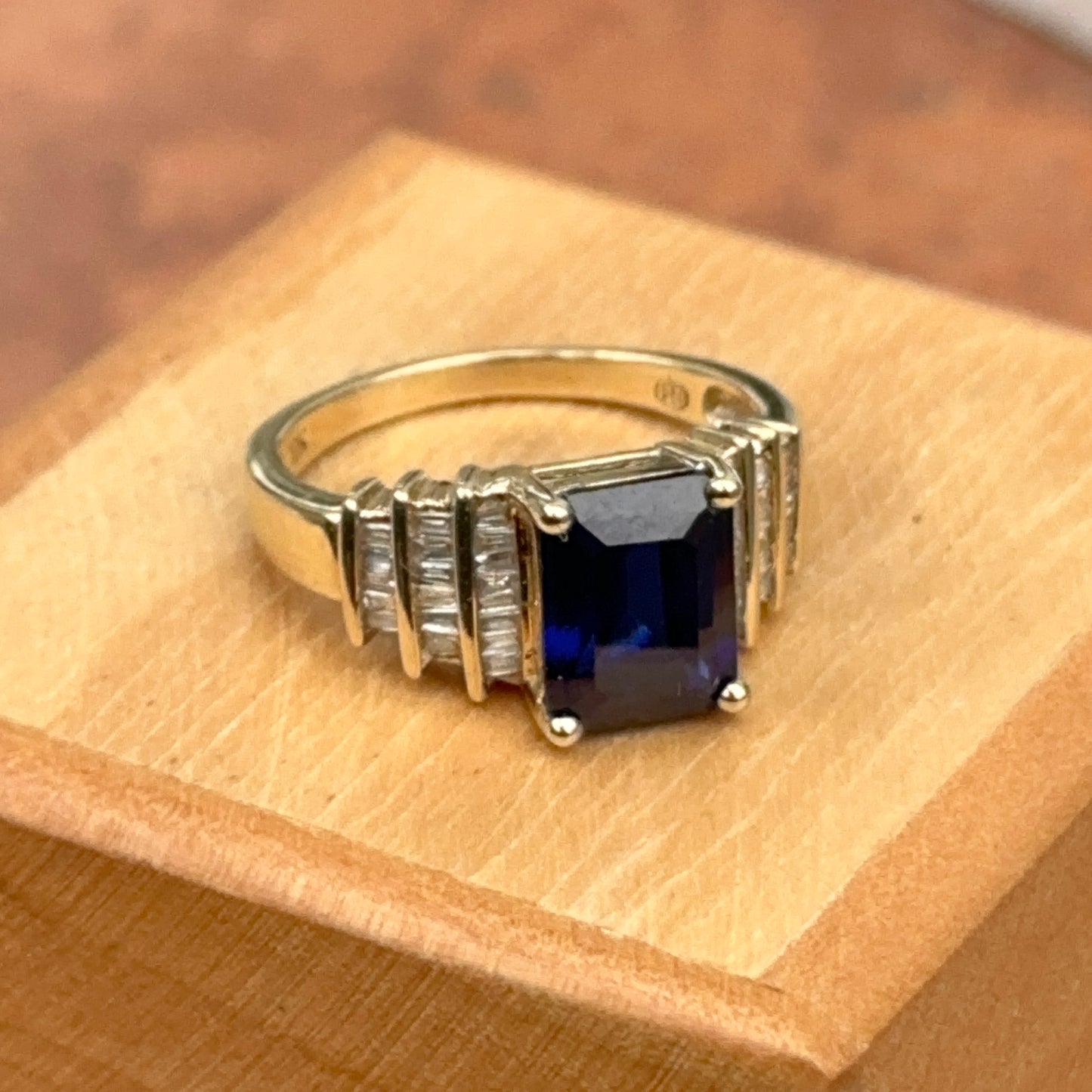 Estate 10KT Yellow Gold Emerald-Cut Lab Blue Sapphire + Diamond Ring