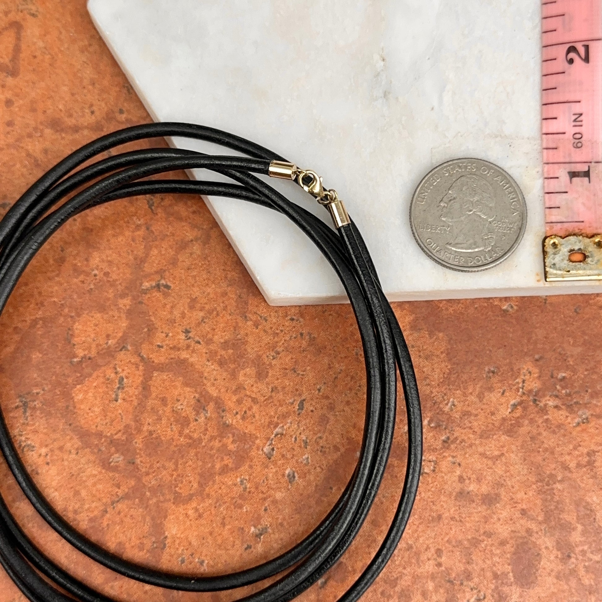 14KT Yellow Gold Black Leather Cord Wrap 3-Strand Necklace Long Length - LSJ