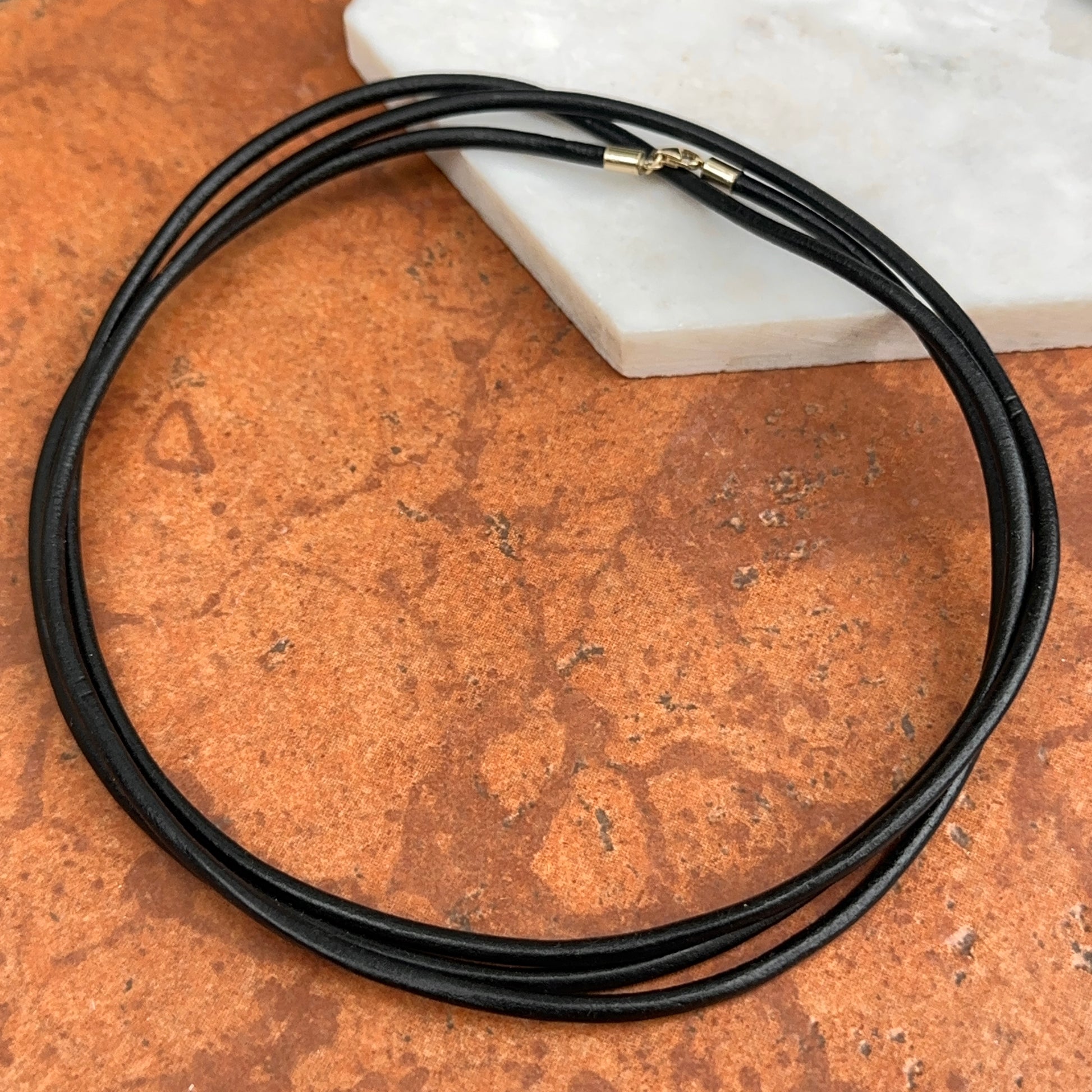 14KT Yellow Gold Black Leather Cord Wrap 3-Strand Necklace Long Length - LSJ