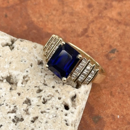 Estate 10KT Yellow Gold Emerald-Cut Lab Blue Sapphire + Diamond Ring