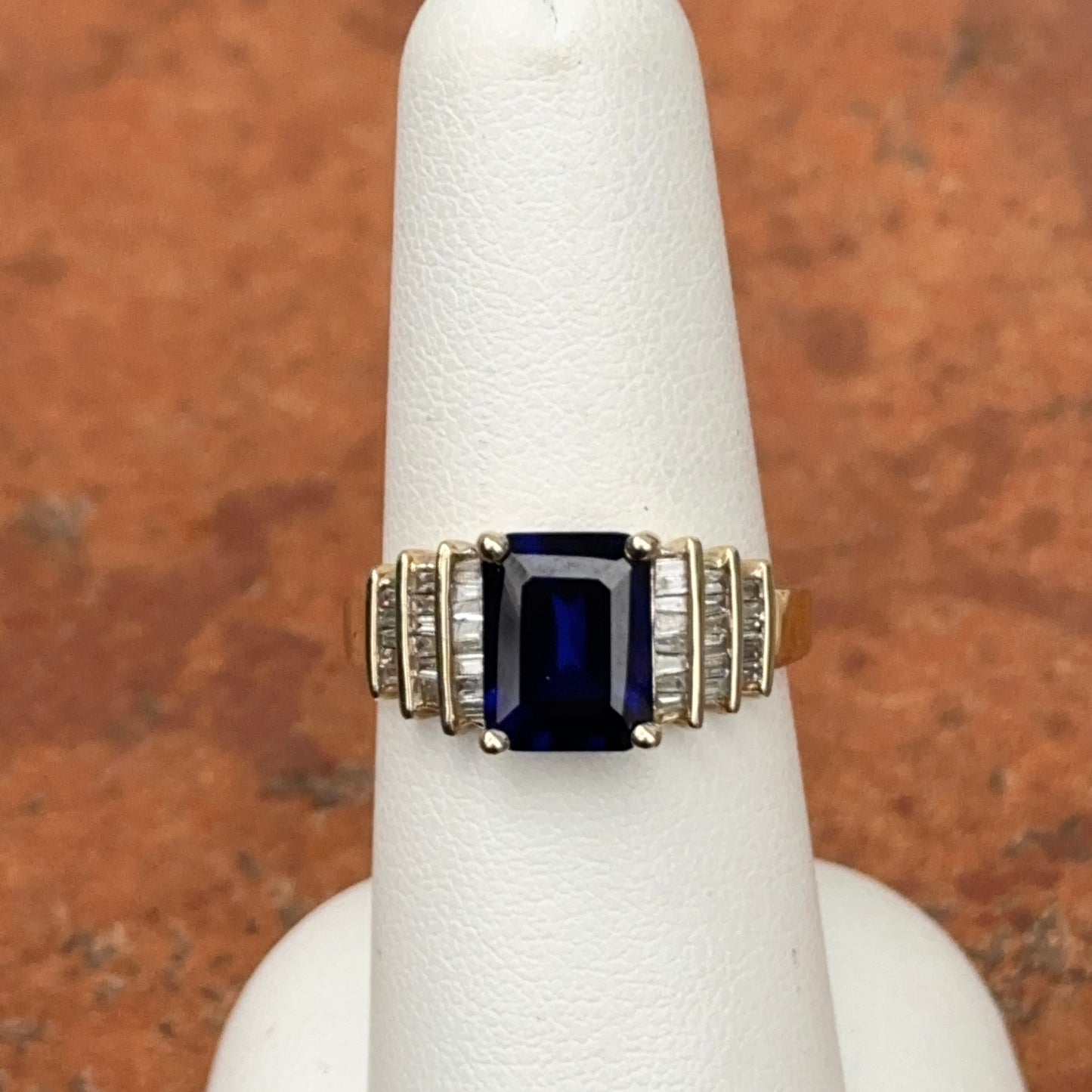 Estate 10KT Yellow Gold Emerald-Cut Lab Blue Sapphire + Diamond Ring