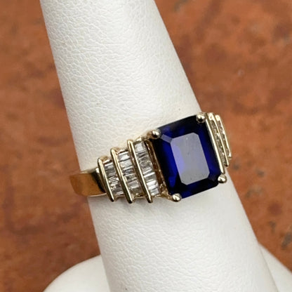 Estate 10KT Yellow Gold Emerald-Cut Lab Blue Sapphire + Diamond Ring