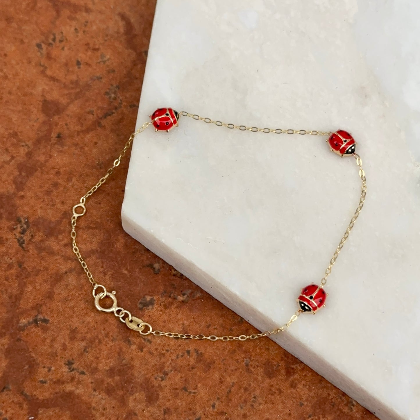 14KT Yellow Gold Red Enamel Triple Ladybug Bracelet