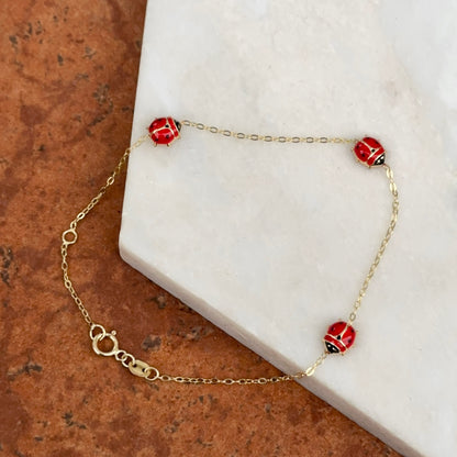 14KT Yellow Gold Red Enamel Triple Ladybug Bracelet