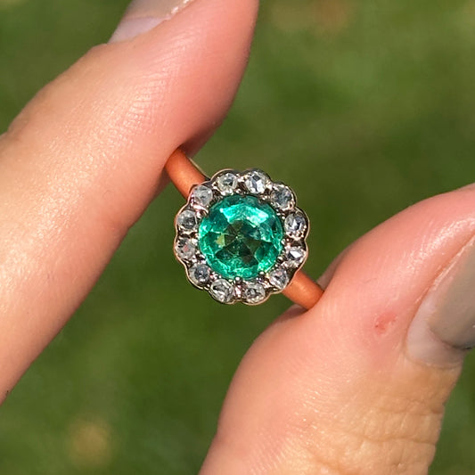 Estate 9KT Yellow Gold Round Emerald + Diamond Halo Ring
