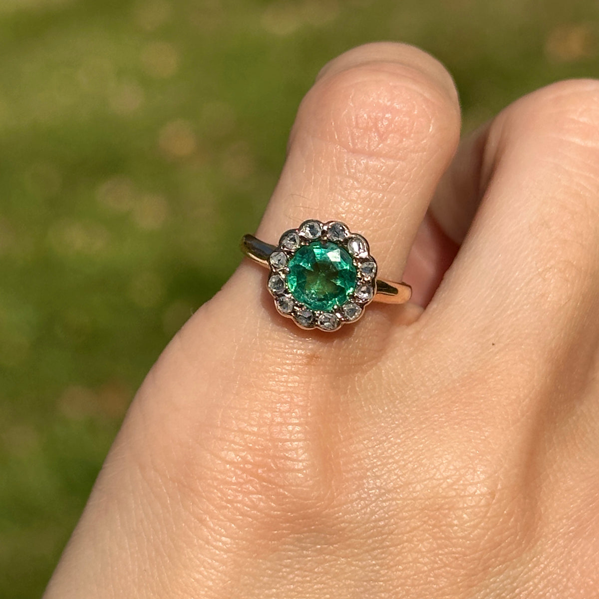 Estate 9KT Yellow Gold Round Emerald + Diamond Halo Ring