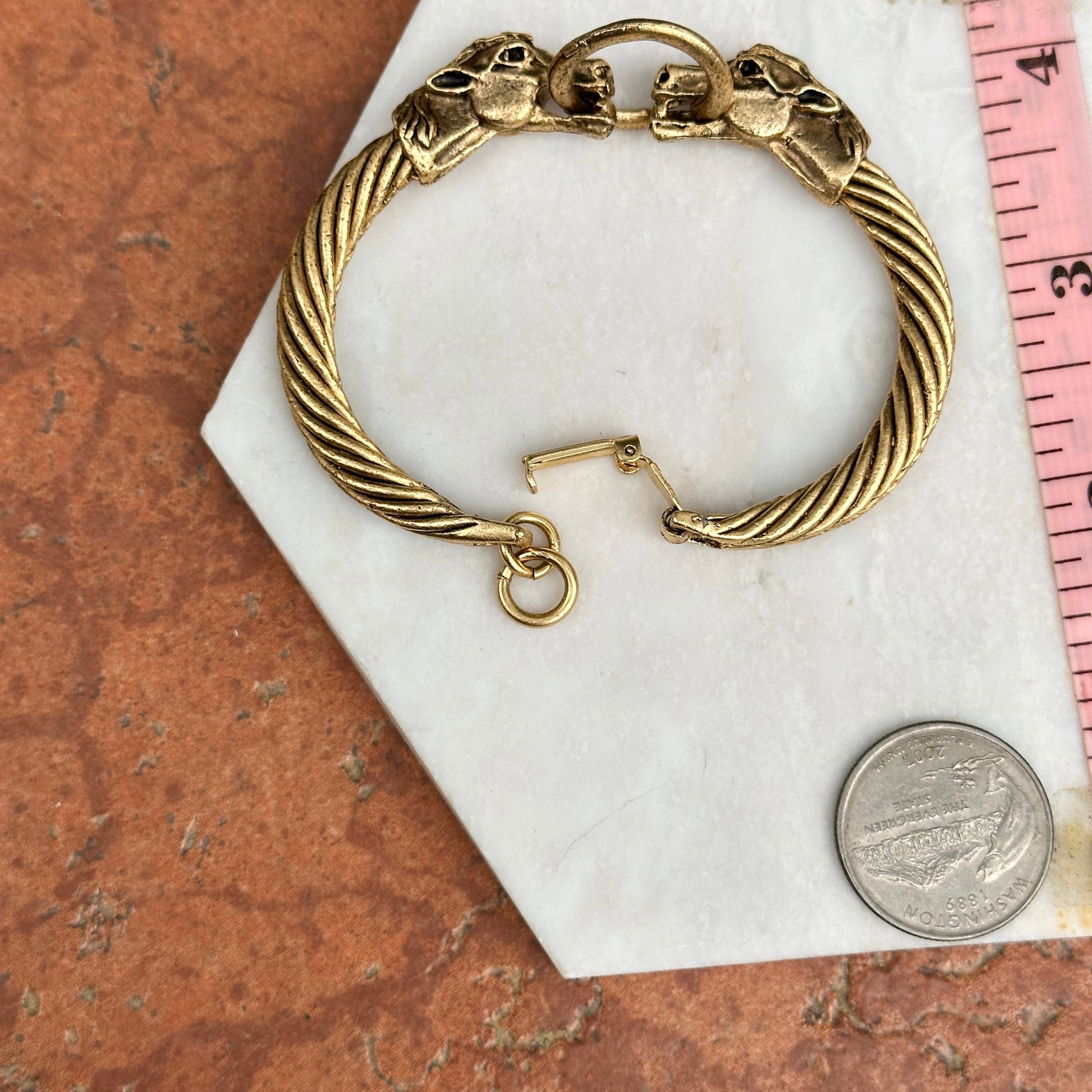 Antiqued Brass Double Horse Head + Ring Bangle Bracelet - LSJ