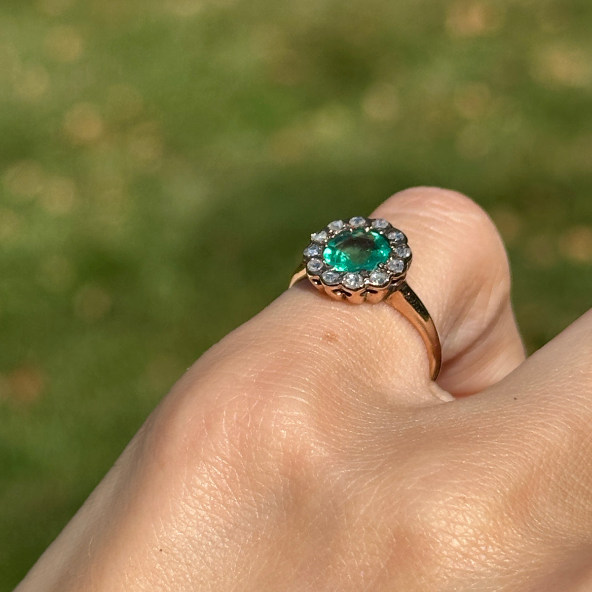 Estate 9KT Yellow Gold Round Emerald + Diamond Halo Ring