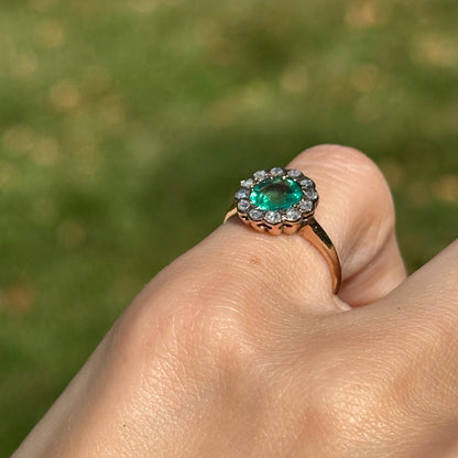 Estate 9KT Yellow Gold Round Emerald + Diamond Halo Ring