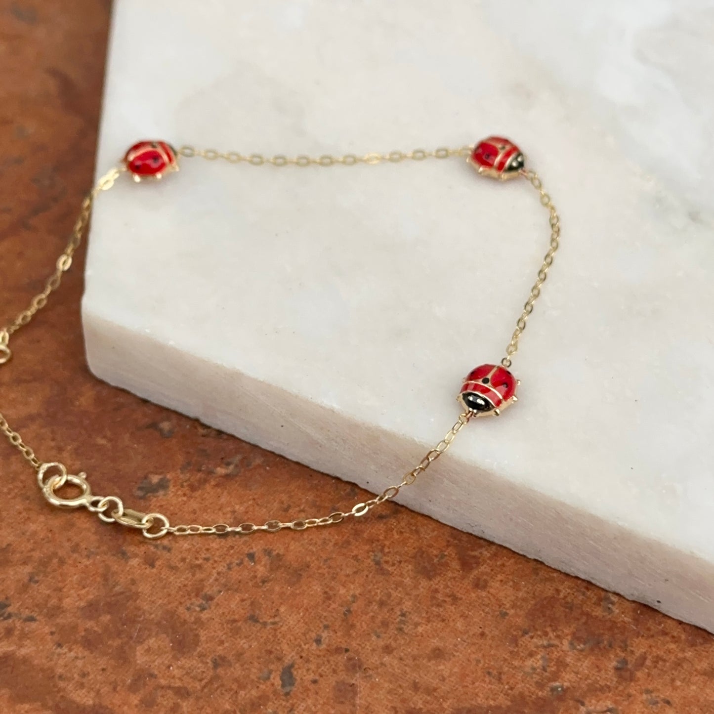 14KT Yellow Gold Red Enamel Triple Ladybug Bracelet