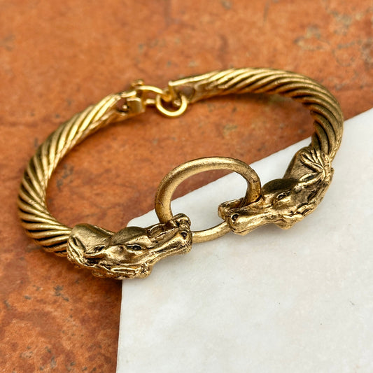 Antiqued Brass Double Horse Head + Ring Bangle Bracelet - LSJ