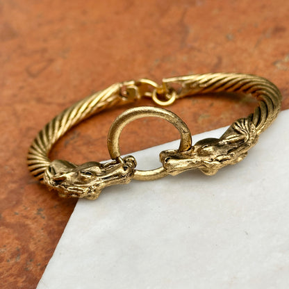 Antiqued Brass Double Horse Head + Ring Bangle Bracelet - LSJ