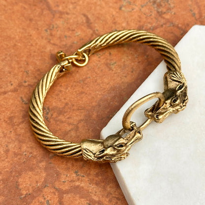 Antiqued Brass Double Horse Head + Ring Bangle Bracelet - LSJ
