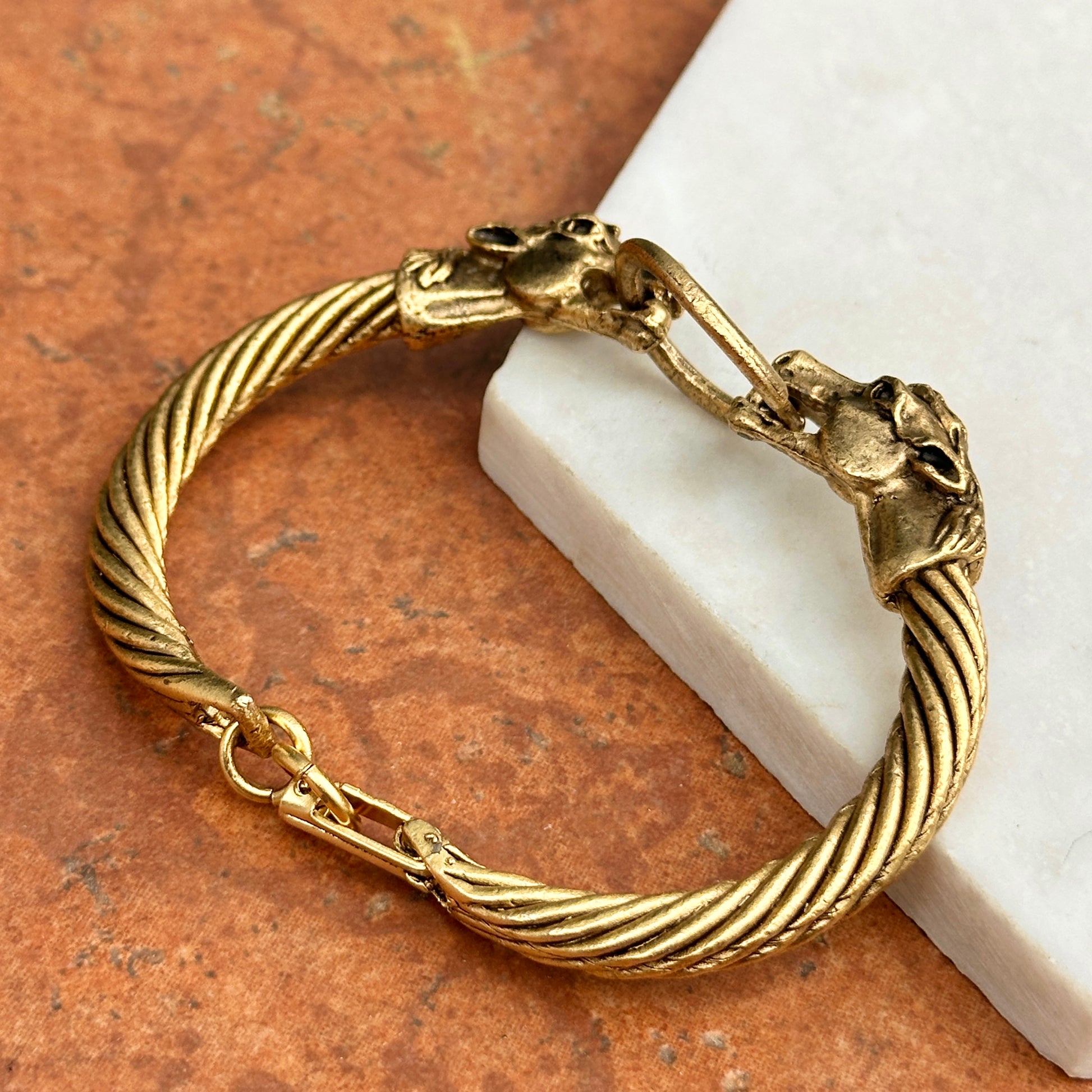 Antiqued Brass Double Horse Head + Ring Bangle Bracelet - LSJ