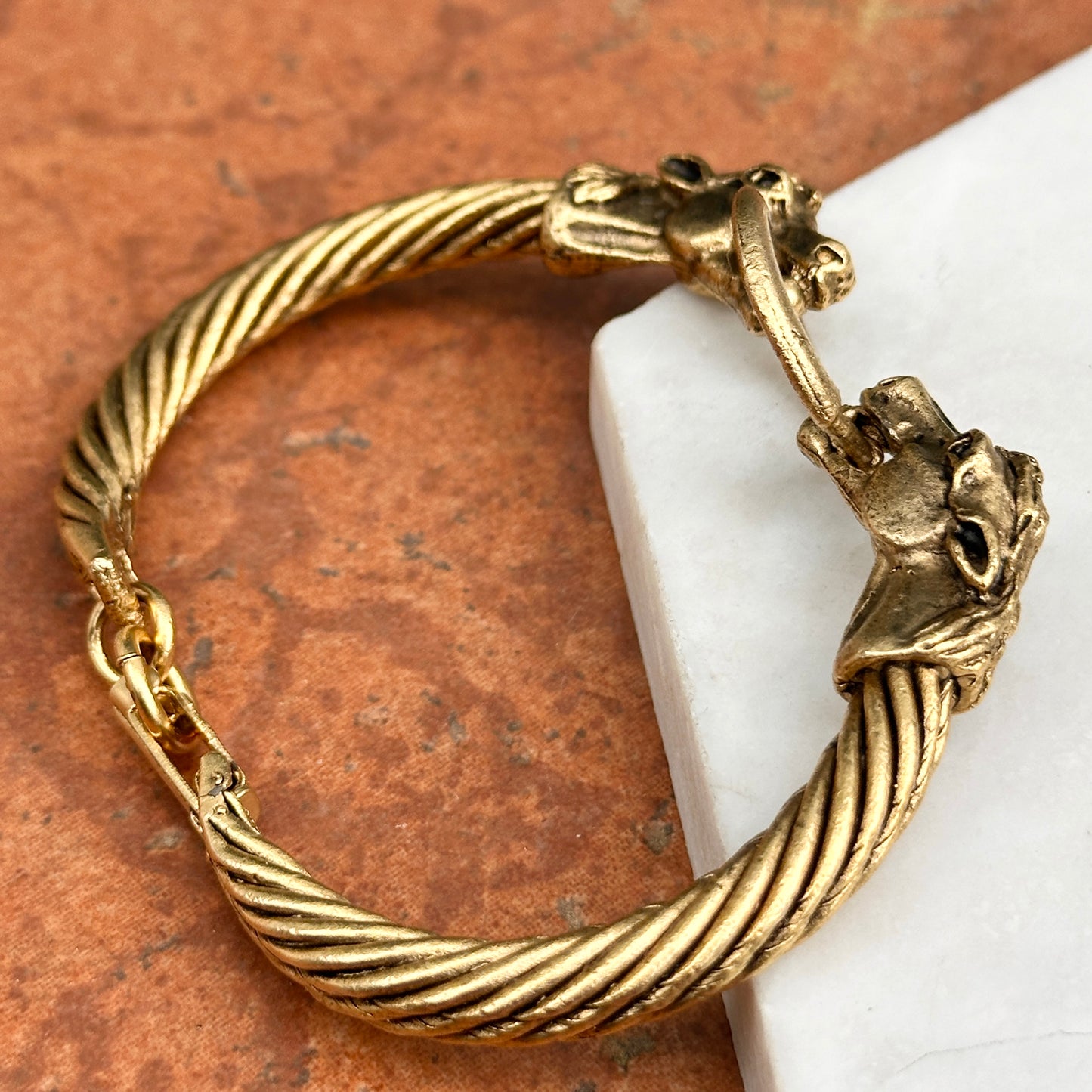 Antiqued Brass Double Horse Head + Ring Bangle Bracelet - LSJ