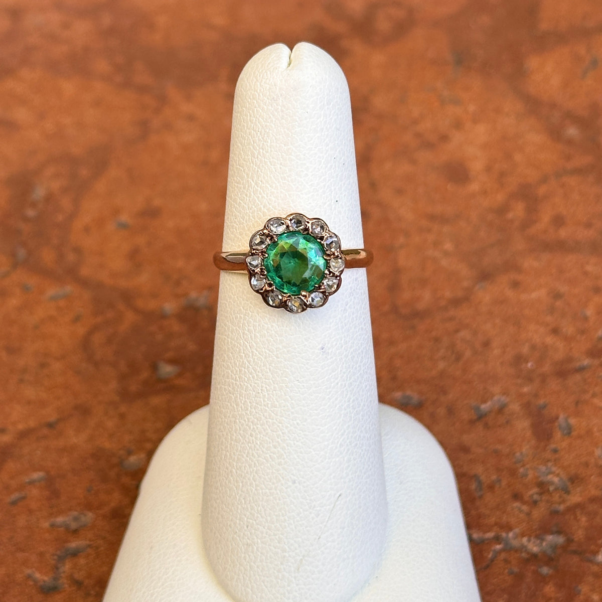 Estate 9KT Yellow Gold Round Emerald + Diamond Halo Ring