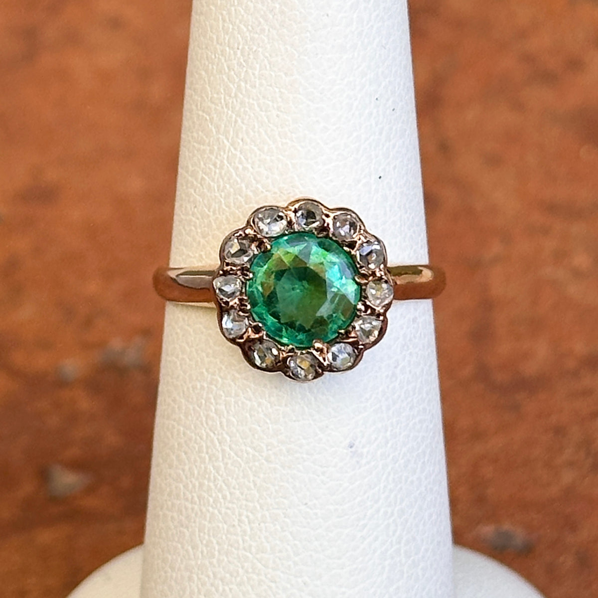 Estate 9KT Yellow Gold Round Emerald + Diamond Halo Ring