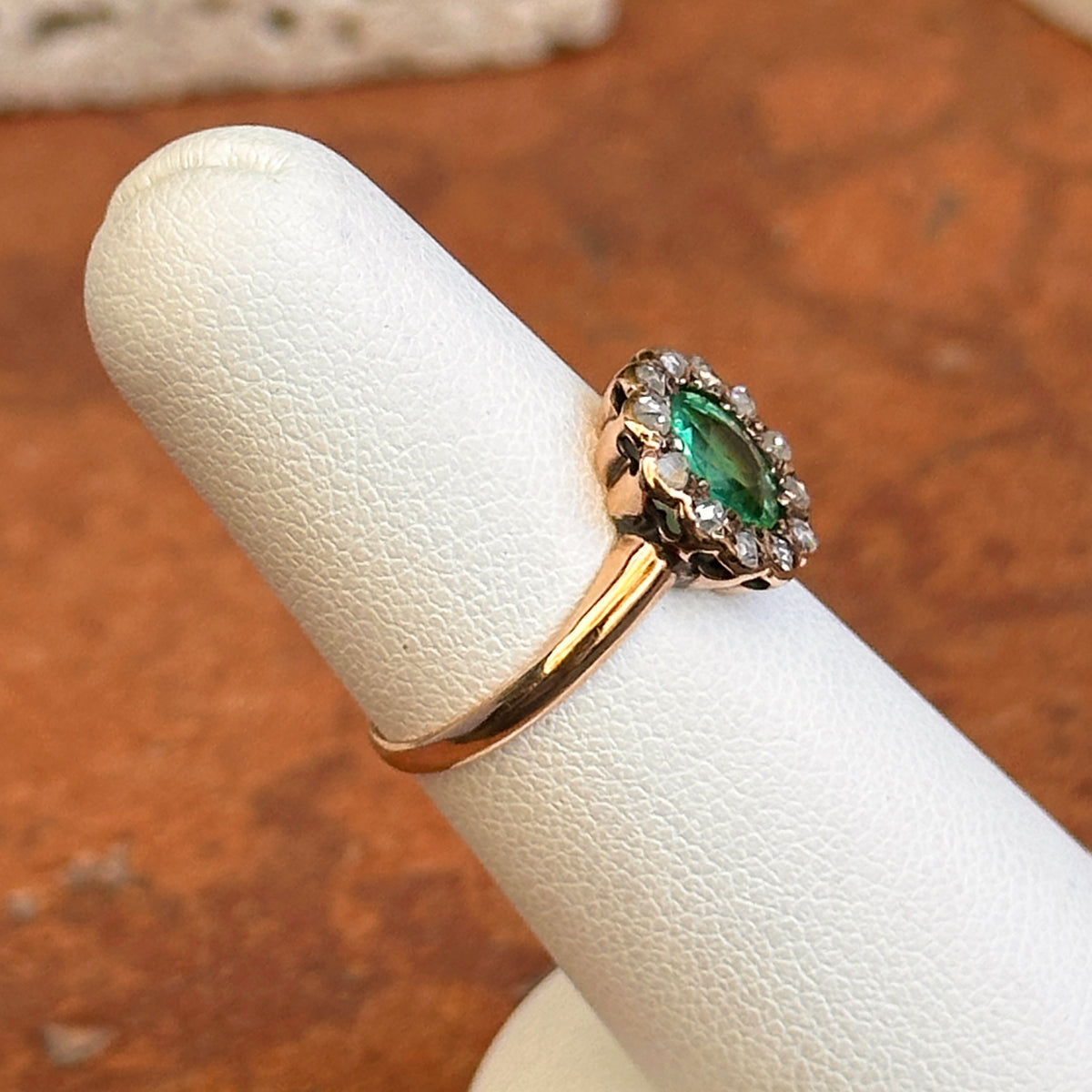 Estate 9KT Yellow Gold Round Emerald + Diamond Halo Ring