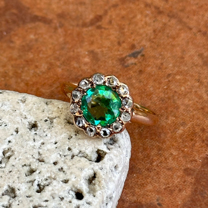 Estate 9KT Yellow Gold Round Emerald + Diamond Halo Ring