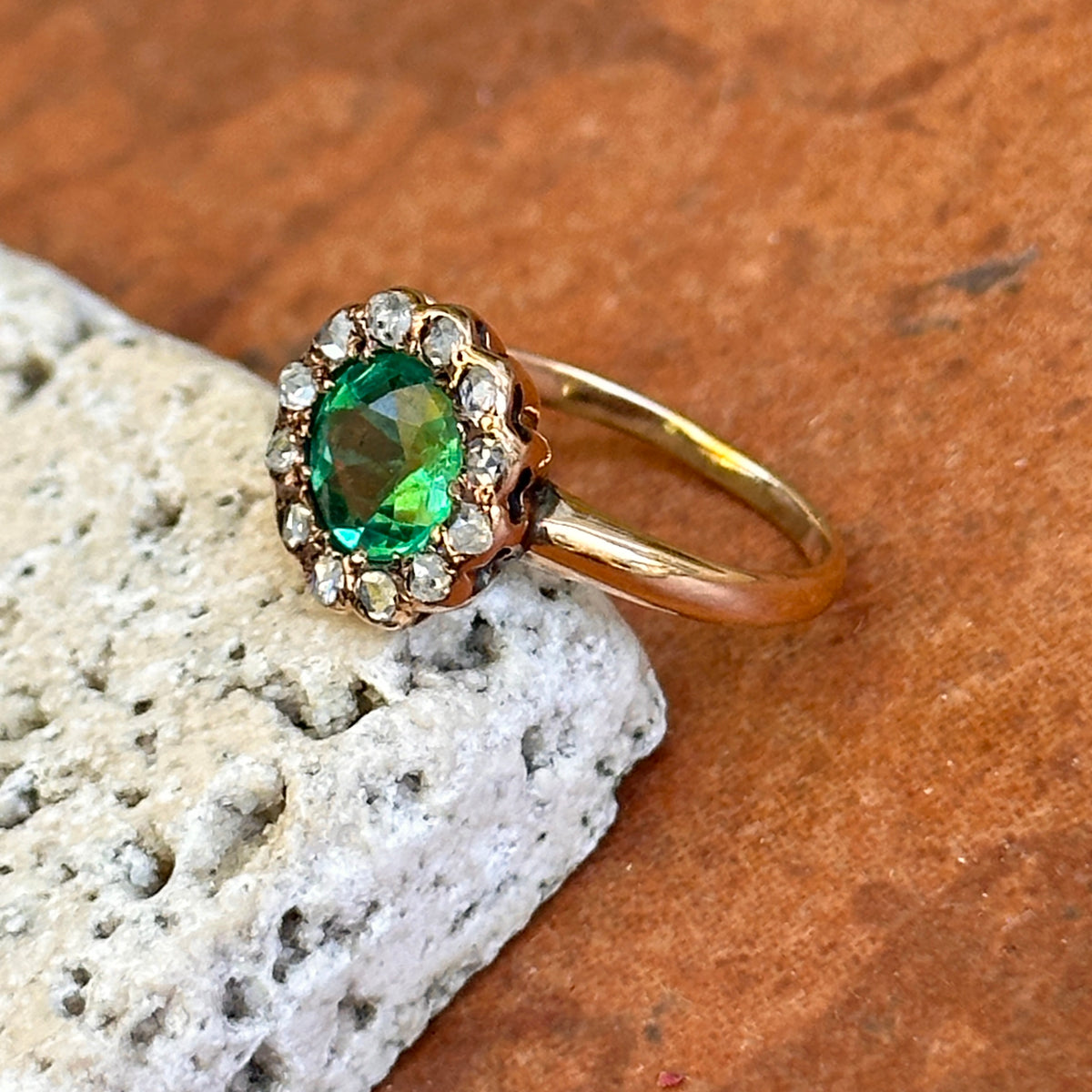 Estate 9KT Yellow Gold Round Emerald + Diamond Halo Ring