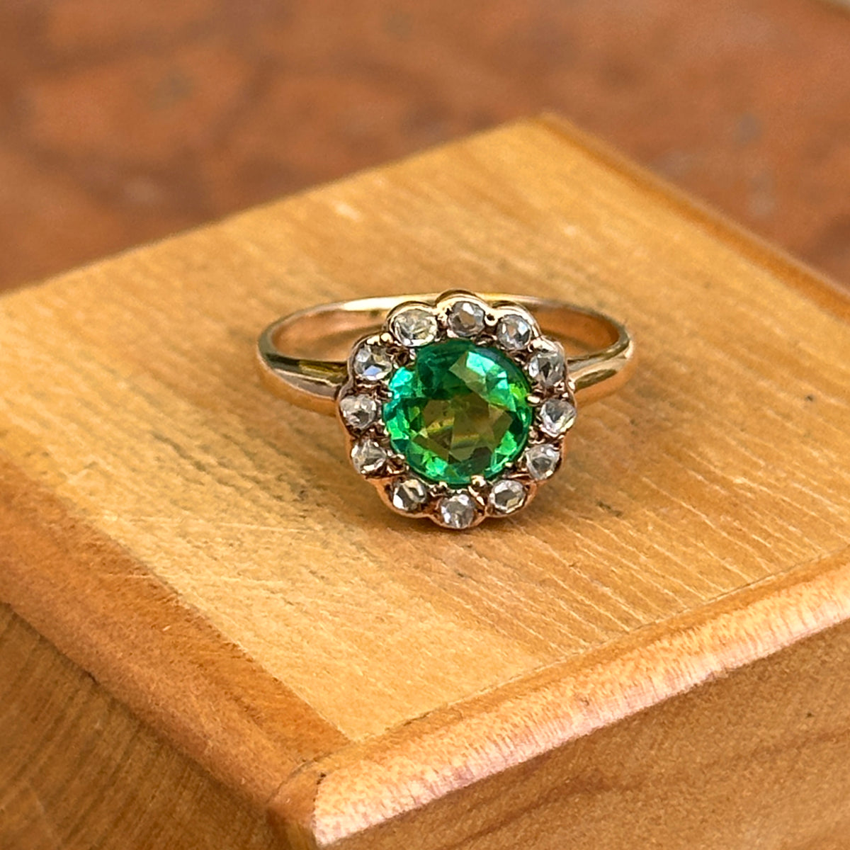 Estate 9KT Yellow Gold Round Emerald + Diamond Halo Ring