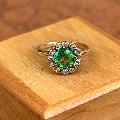 Estate 9KT Yellow Gold Round Emerald + Diamond Halo Ring