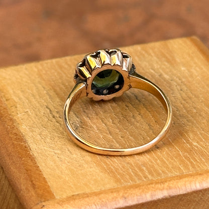 Estate 9KT Yellow Gold Round Emerald + Diamond Halo Ring