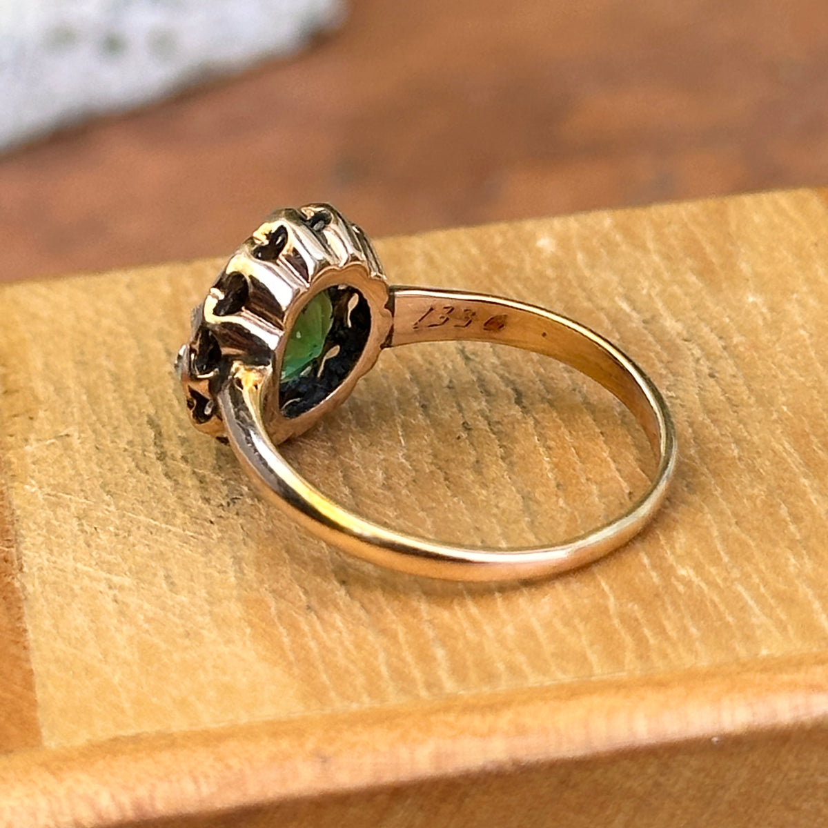 Estate 9KT Yellow Gold Round Emerald + Diamond Halo Ring