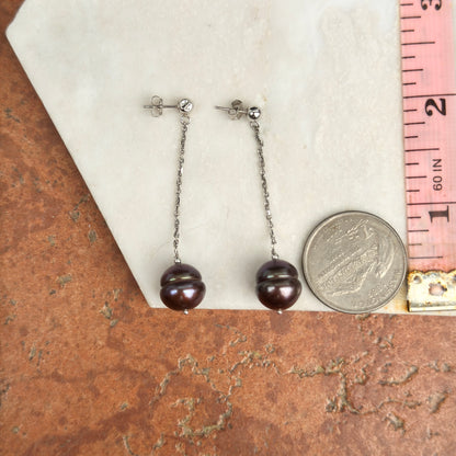 Estate 14KT White Gold Black Freshwater Pearl Chain Drop Earrings - LSJ