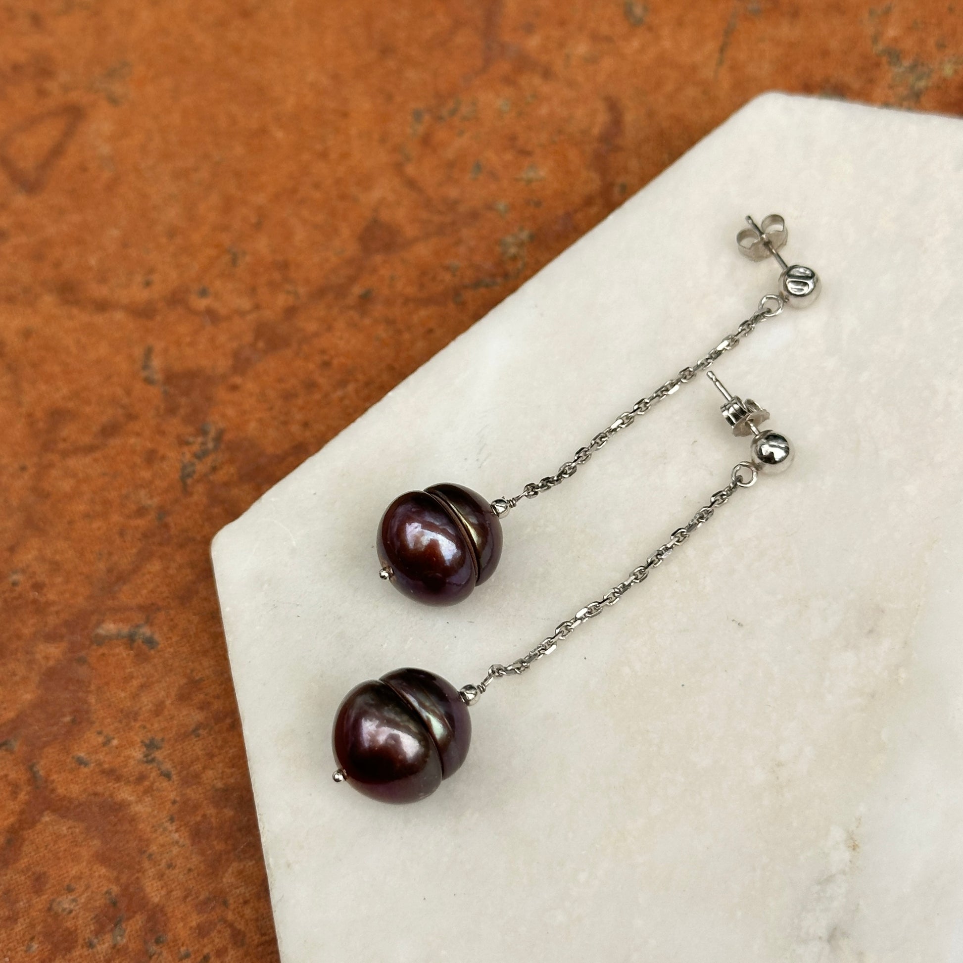 Estate 14KT White Gold Black Freshwater Pearl Chain Drop Earrings - LSJ