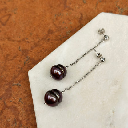 Estate 14KT White Gold Black Freshwater Pearl Chain Drop Earrings - LSJ