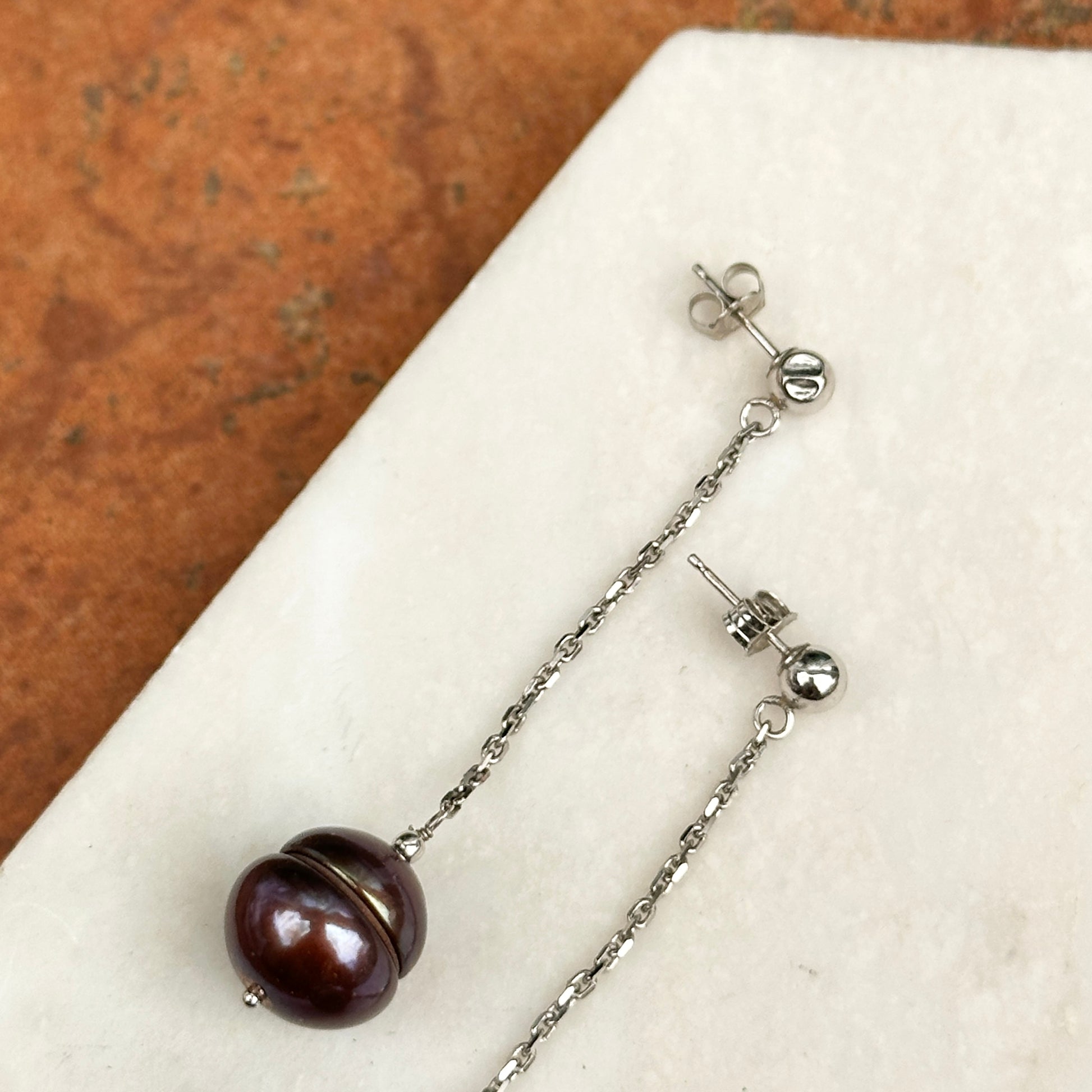 Estate 14KT White Gold Black Freshwater Pearl Chain Drop Earrings - LSJ