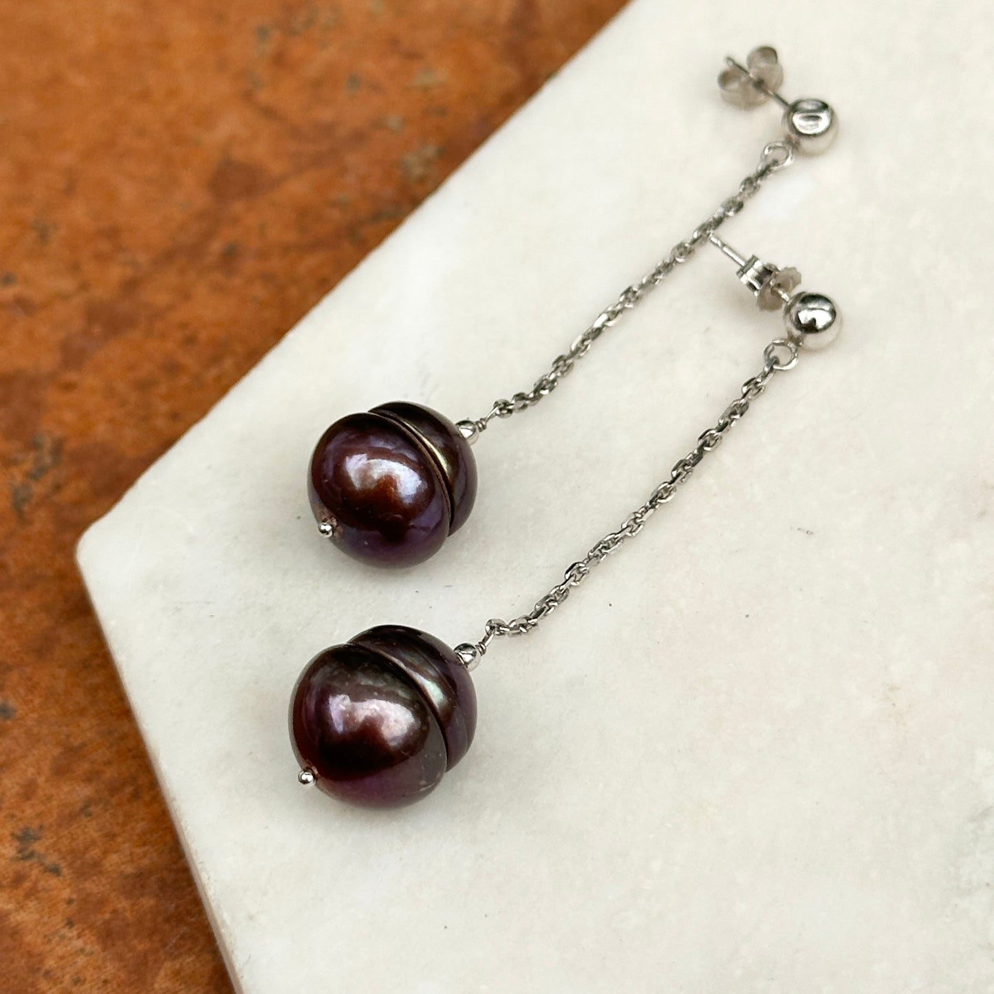 Estate 14KT White Gold Black Freshwater Pearl Chain Drop Earrings - LSJ