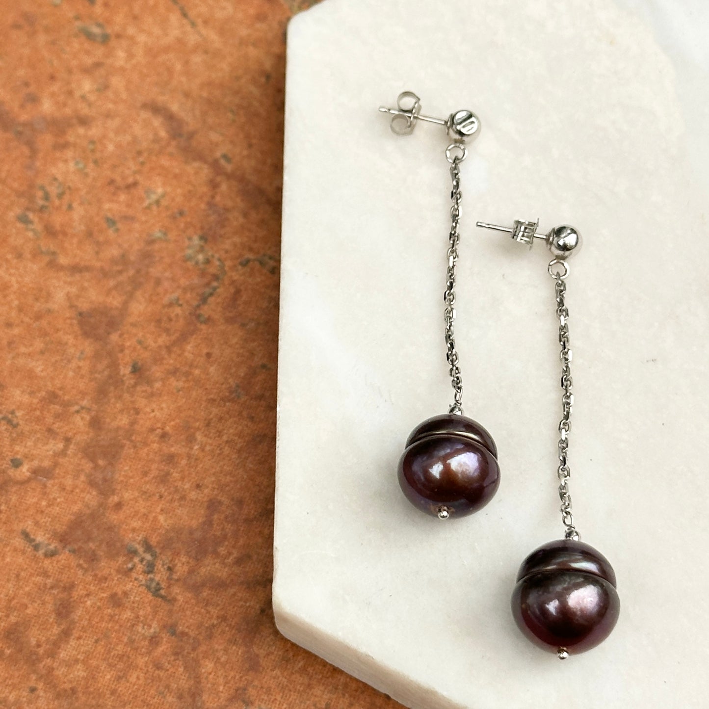 Estate 14KT White Gold Black Freshwater Pearl Chain Drop Earrings - LSJ