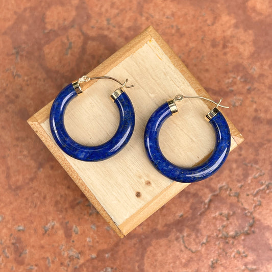 14KT Yellow Gold Blue Lapis Tube Hoop Earrings 24mm