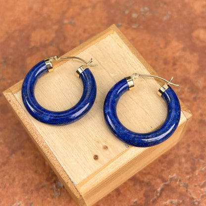 14KT Yellow Gold Blue Lapis Tube Hoop Earrings 24mm