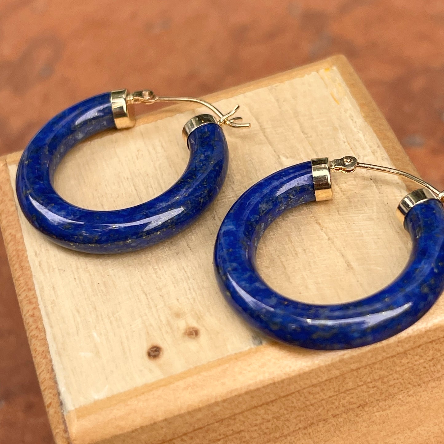 14KT Yellow Gold Blue Lapis Tube Hoop Earrings 24mm