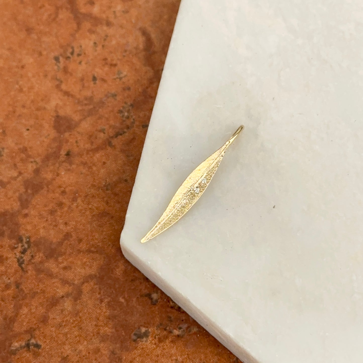 14KT Yellow Gold Textured Diamond Leaf Pendant 33mm