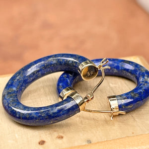 14KT Yellow Gold Blue Lapis Tube Hoop Earrings 24mm