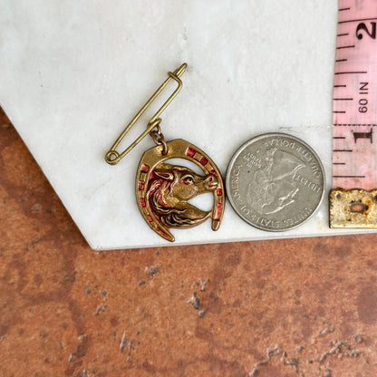 Estate French Brass Horse Head Enamel Brooch