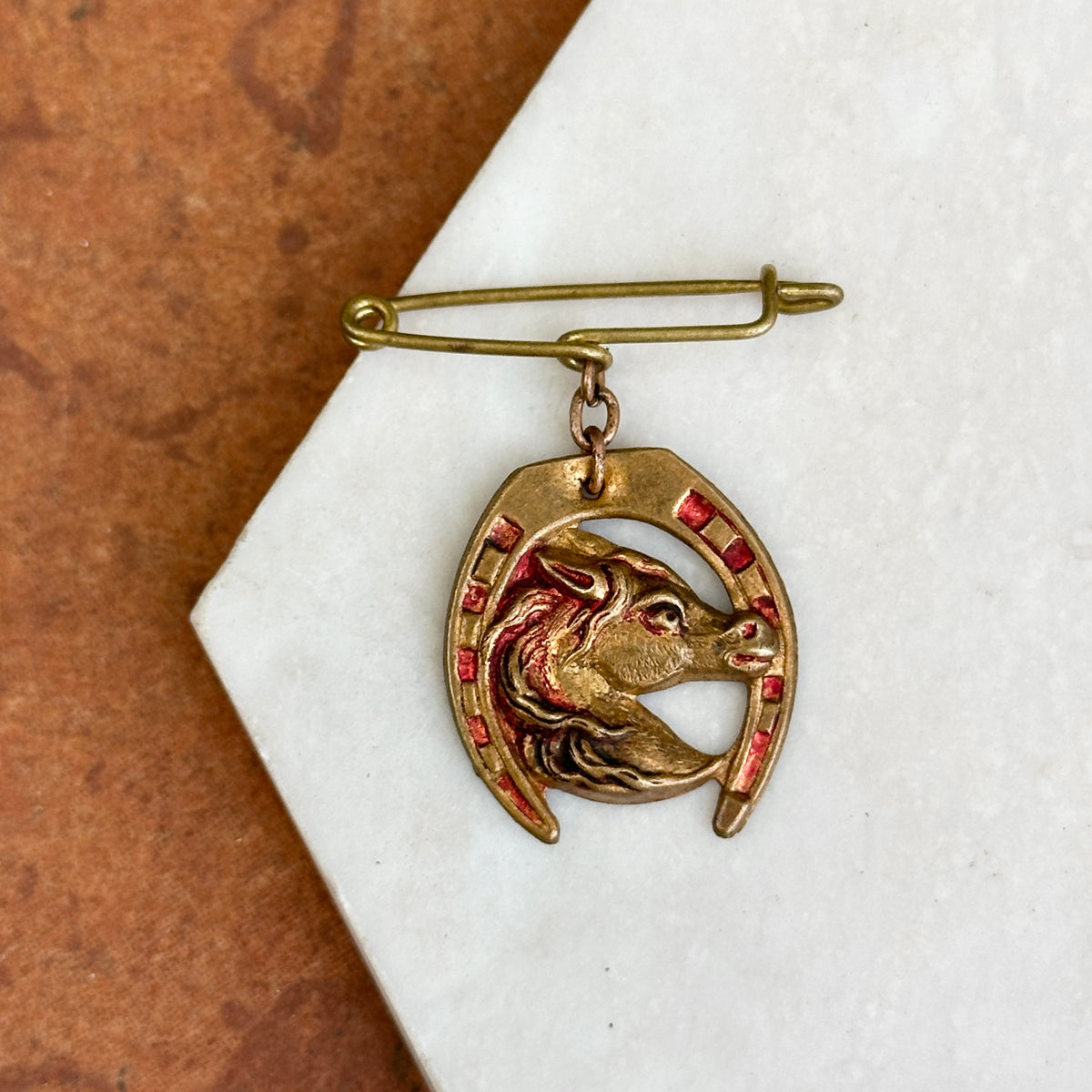 Estate French Brass Horse Head Enamel Brooch