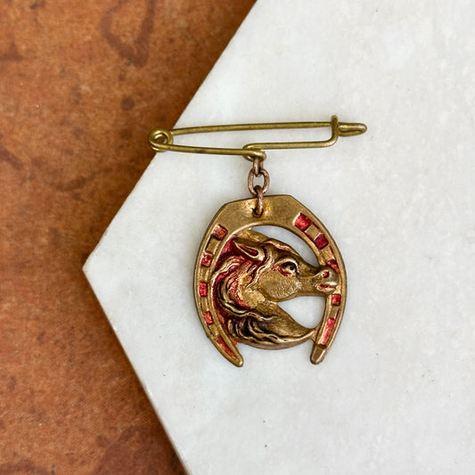 Estate French Brass Horse Head Enamel Brooch