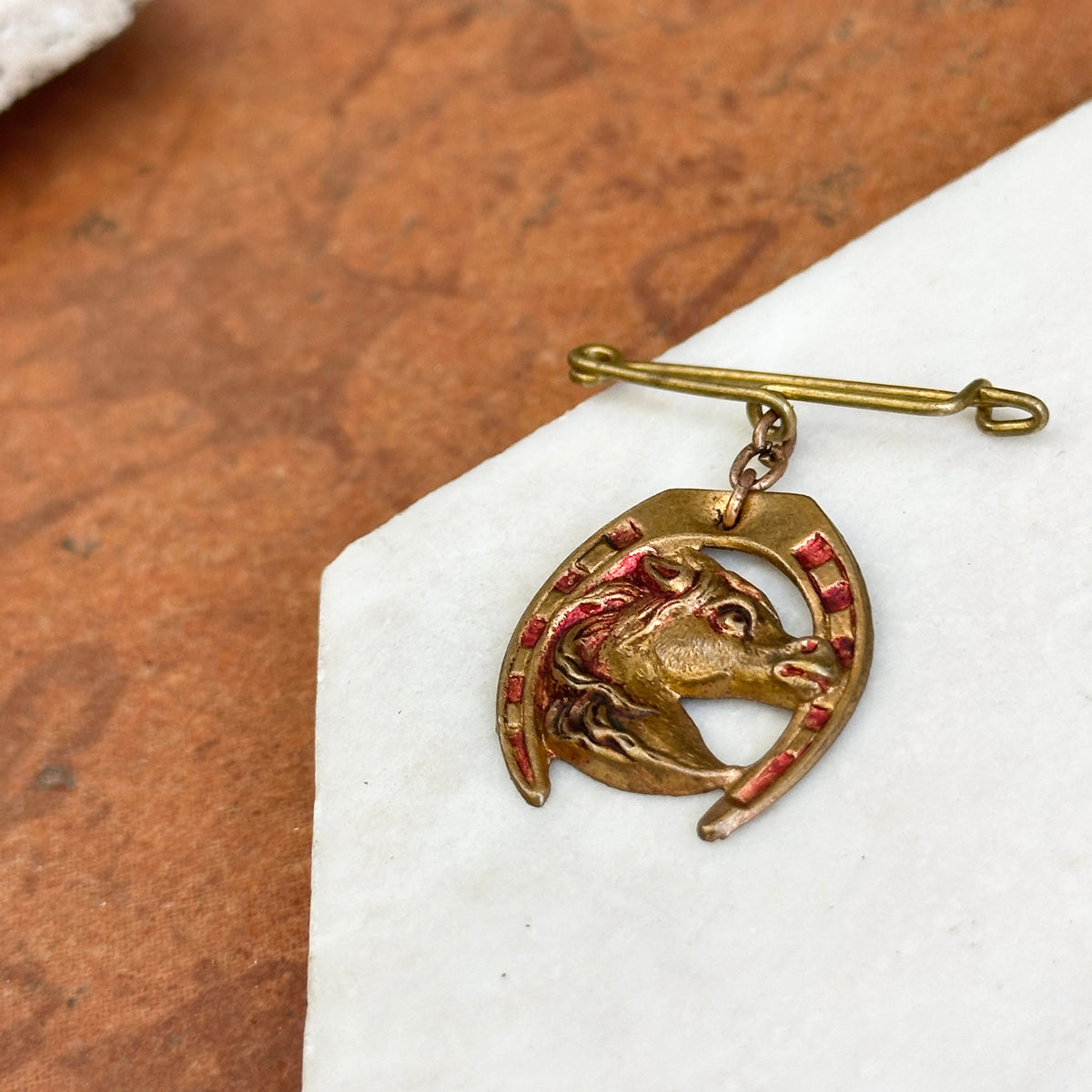 Estate French Brass Horse Head Enamel Brooch
