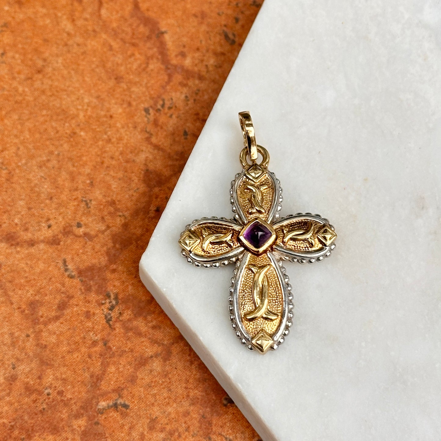 Estate 14KT Yellow Gold + White Gold Byzantine Amethyst Cross Pendant Enhancer