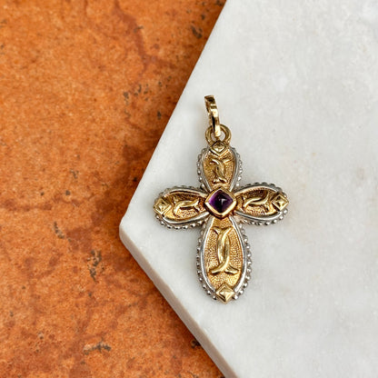 Estate 14KT Yellow Gold + White Gold Byzantine Amethyst Cross Pendant Enhancer