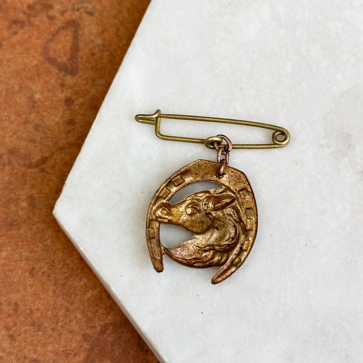 Estate French Brass Horse Head Enamel Brooch