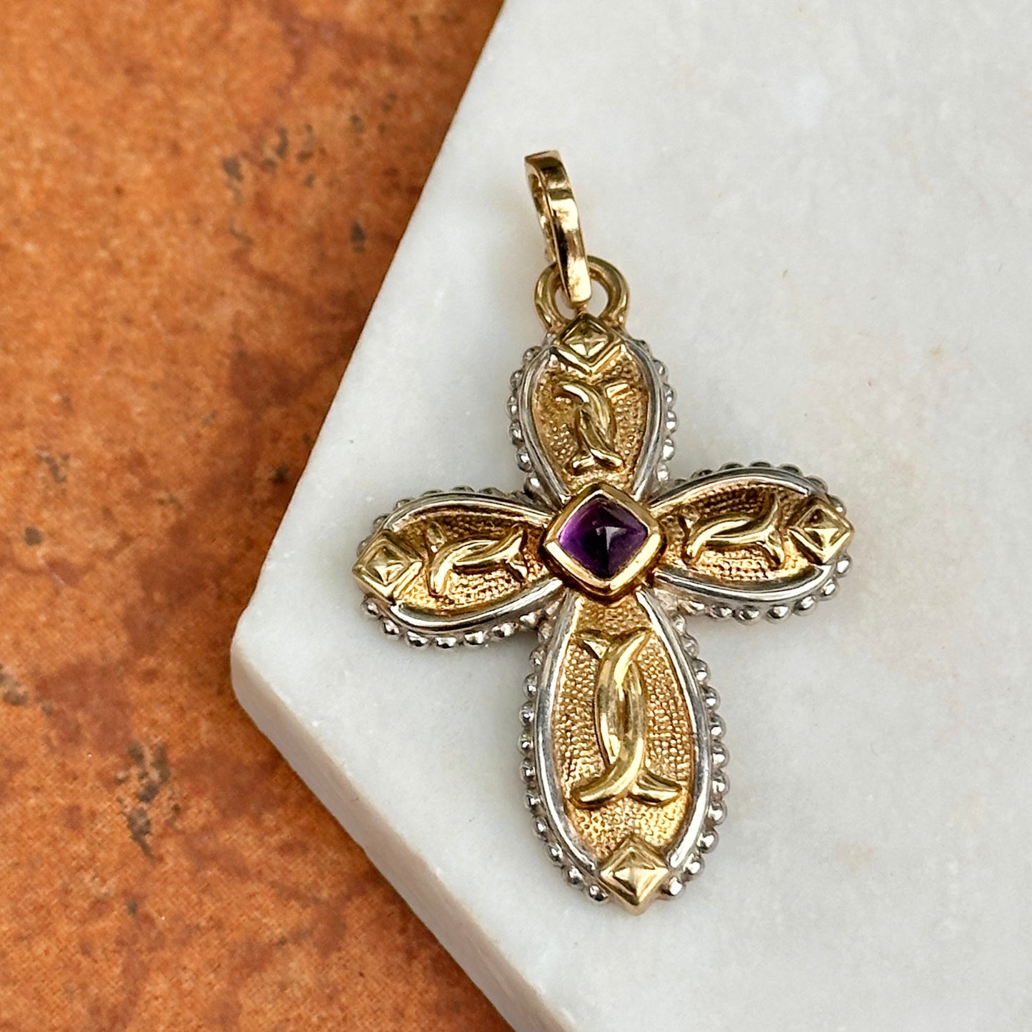 Estate 14KT Yellow Gold + White Gold Byzantine Amethyst Cross Pendant Enhancer